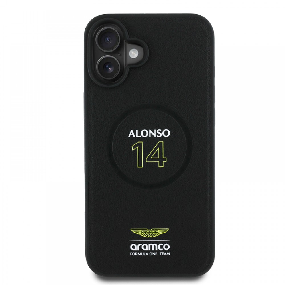 iPhone 16 Plus Aston Martin orijinal lisanslı MagSafe uyumlu PU deri Alonso 14 numaralı baskılı sportif lüks telefon kılıfı