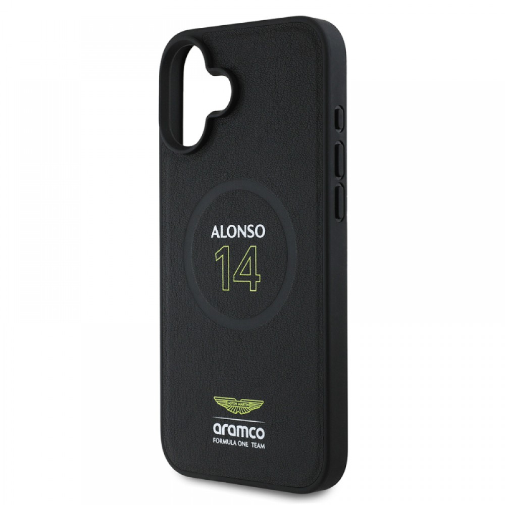 iPhone 16 Plus Aston Martin orijinal lisanslı MagSafe uyumlu PU deri Alonso 14 numaralı baskılı sportif lüks telefon kılıfı