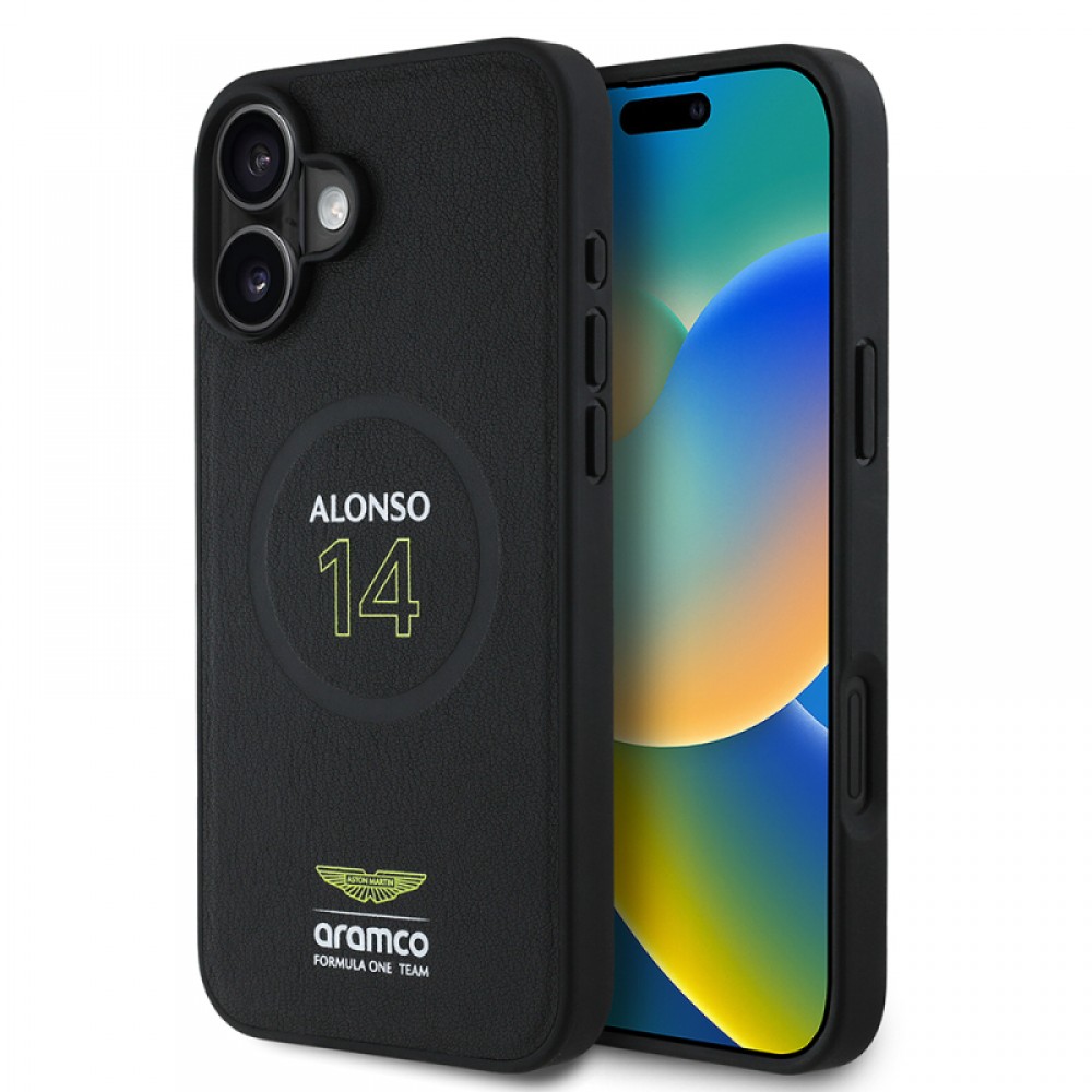 iPhone 16 Plus Aston Martin orijinal lisanslı MagSafe uyumlu PU deri Alonso 14 numaralı baskılı sportif lüks telefon kılıfı