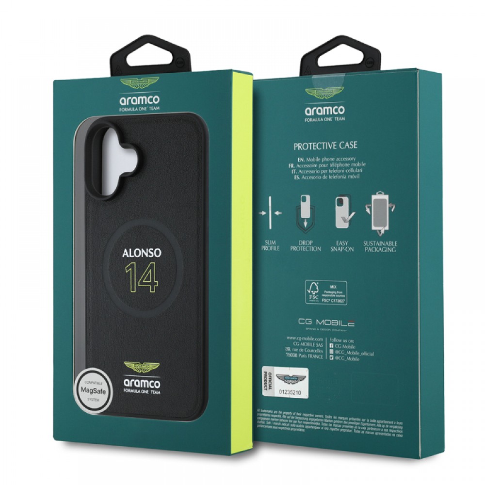 iPhone 16 Plus Aston Martin orijinal lisanslı MagSafe uyumlu PU deri Alonso 14 numaralı baskılı sportif lüks telefon kılıfı