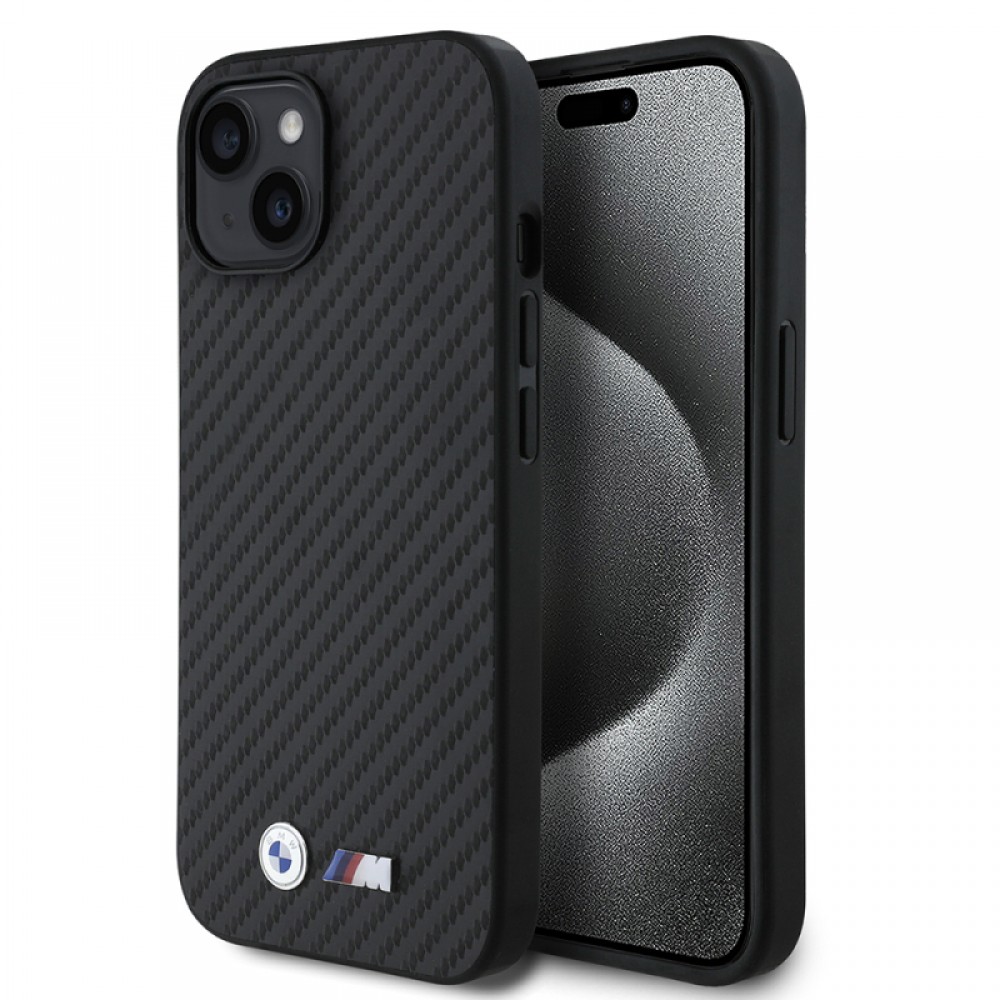 iPhone 15 BMW orijinal lisanslı PU deri karbon fiber tasarımlı metal logolu şık koruyucu telefon kılıfı