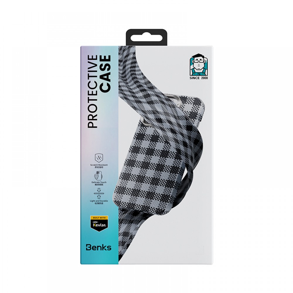 iPhone 15 Pro Benks ArmorVichy MagSafe uyumlu Kevlar fiber ekose desenli ultra hafif 17 gram lüks koruyucu kapak