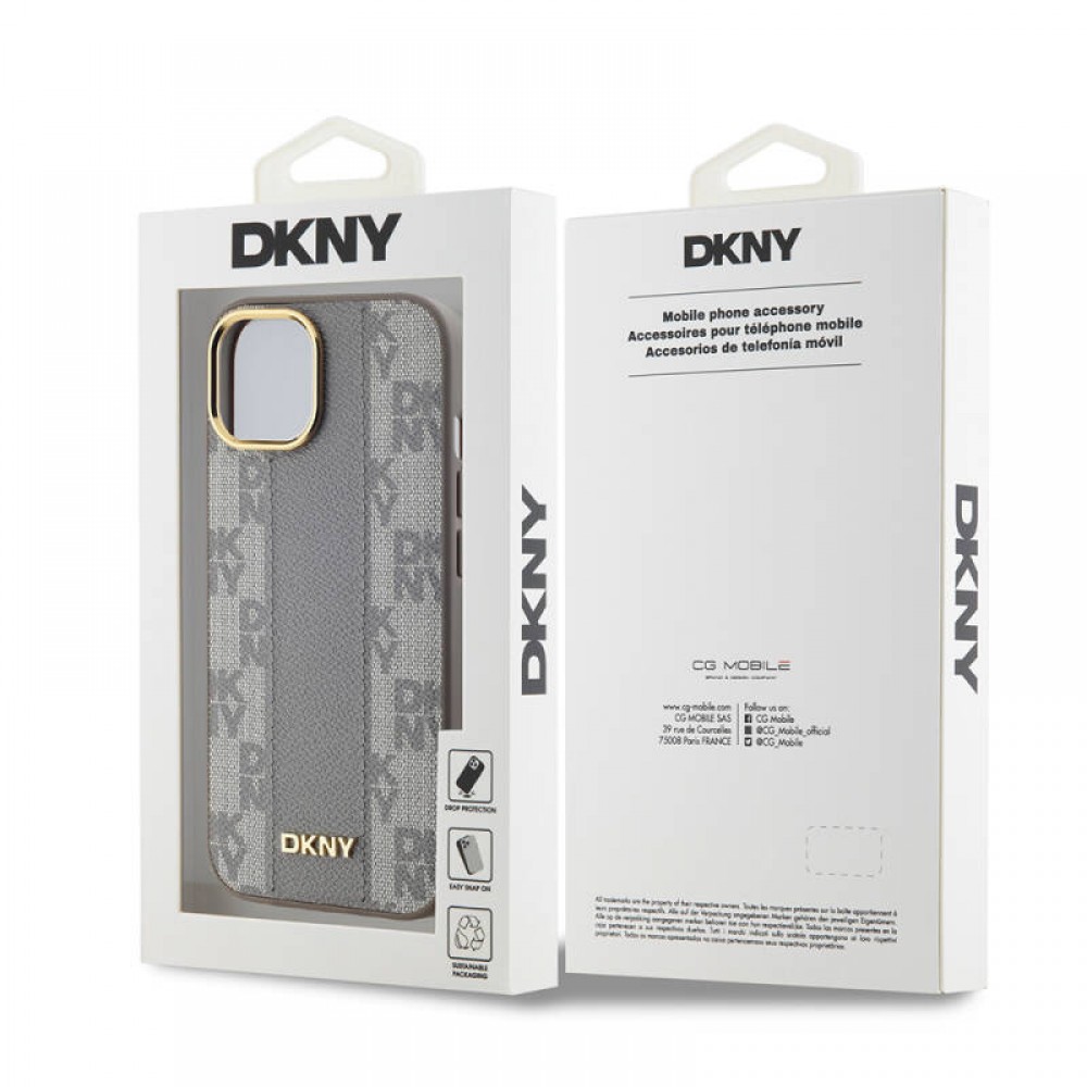 iPhone 15 Plus DKNY orijinal lisanslı MagSafe uyumlu 3D yazılı checkered dama desenli ince zarif koruyucu telefon kılıfı