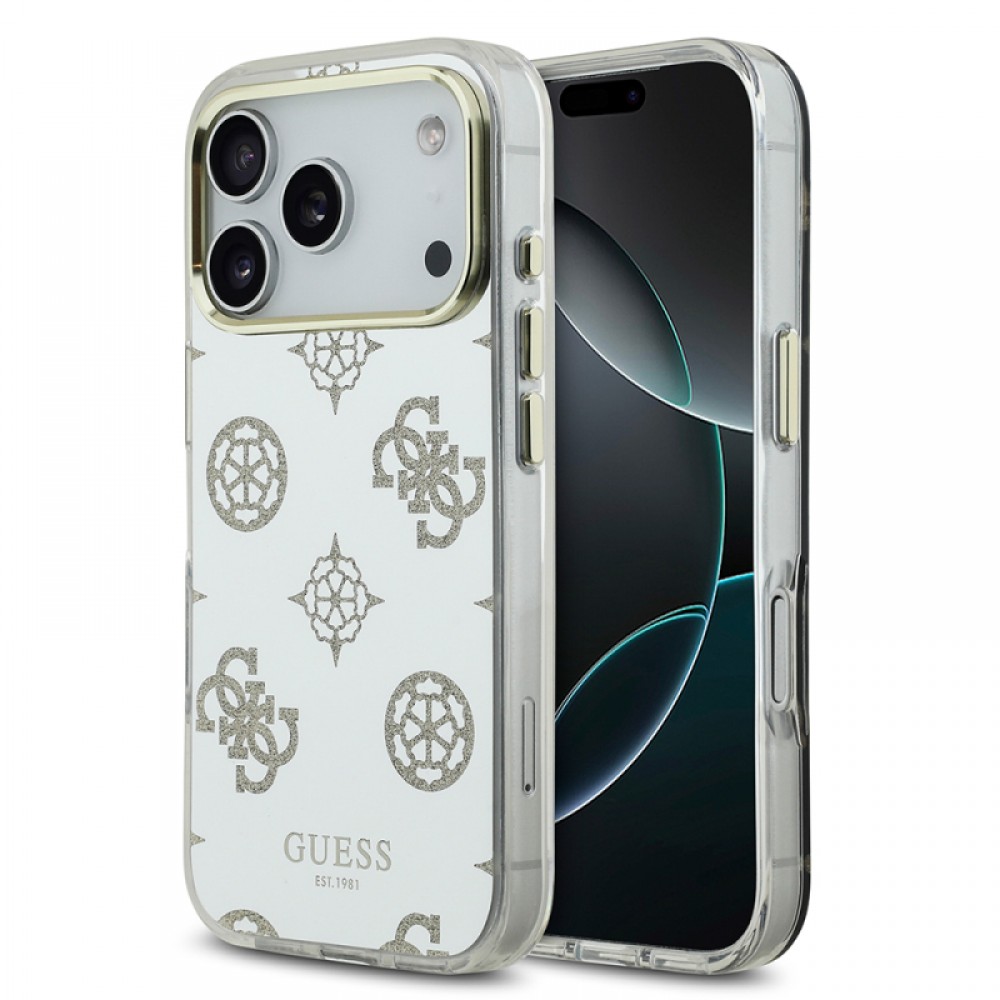 iPhone 17 Pro Guess orijinal lisanslı simli glitter aynalı yüzeyli metal kamera çerçeveli telefon kılıfı