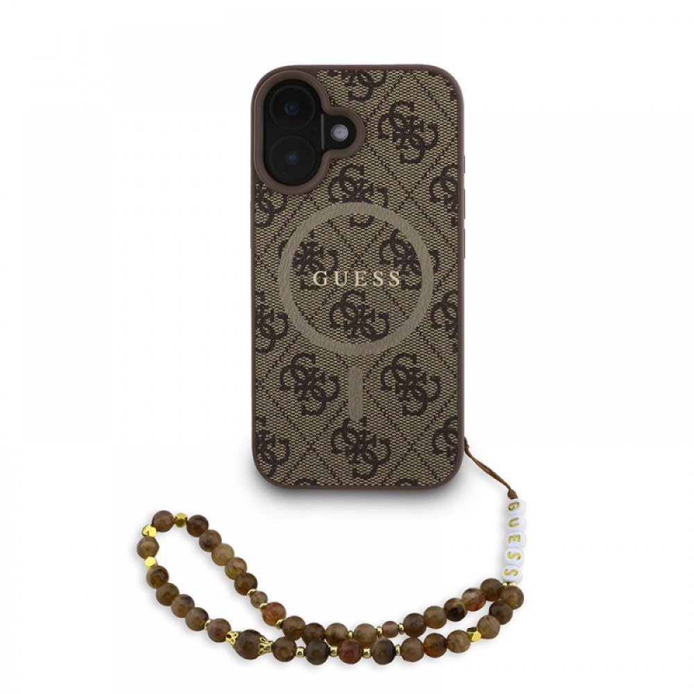 iPhone 16 Plus Guess orijinal lisanslı MagSafe uyumlu PU deri bilek askı ipli yazı logolu lüks koruyucu telefon kılıfı