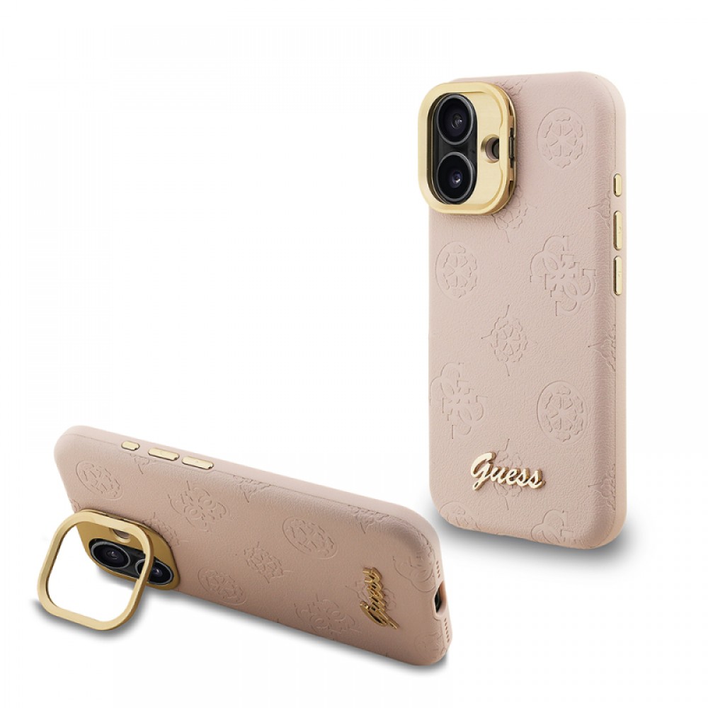 iPhone 16 Guess orijinal lisanslı MagSafe uyumlu PU deri sıcak baskılı yazı logolu Peony desenli kamera standlı lüks telefon kılıfı