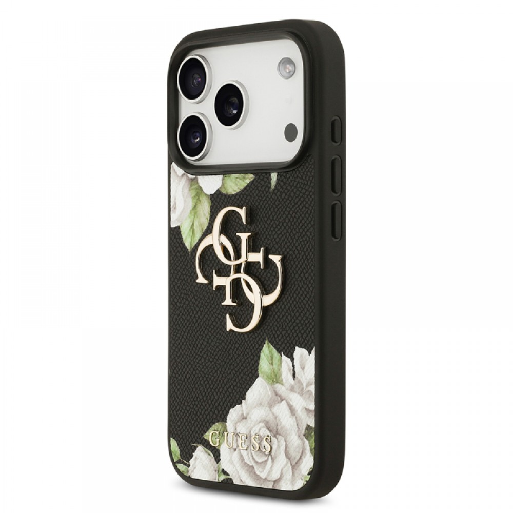 iPhone 17 Pro Guess orijinal lisanslı gül baskılı büyük metal logolu zarif telefon kılıfı