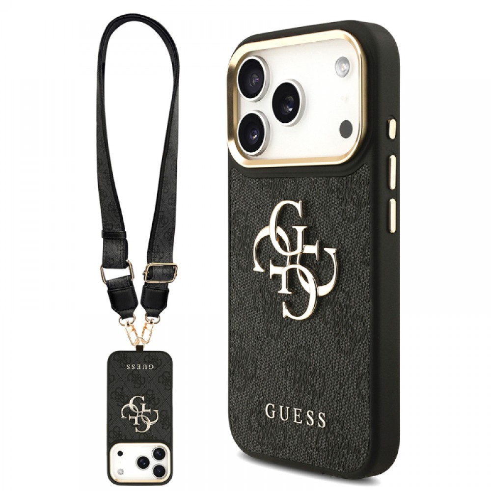 iPhone 17 Pro Guess orijinal lisanslı 4G desenli büyük metal logolu kalın askılı telefon kılıfı