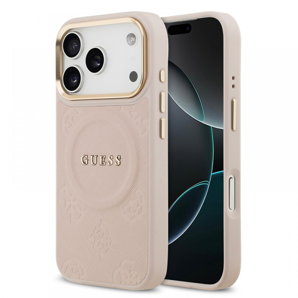 iPhone 17 Pro Guess orijinal lisanslı MagSafe uyumlu sıcak baskılı yazı logolu PU deri Peony çiçek desenli telefon kılıfı