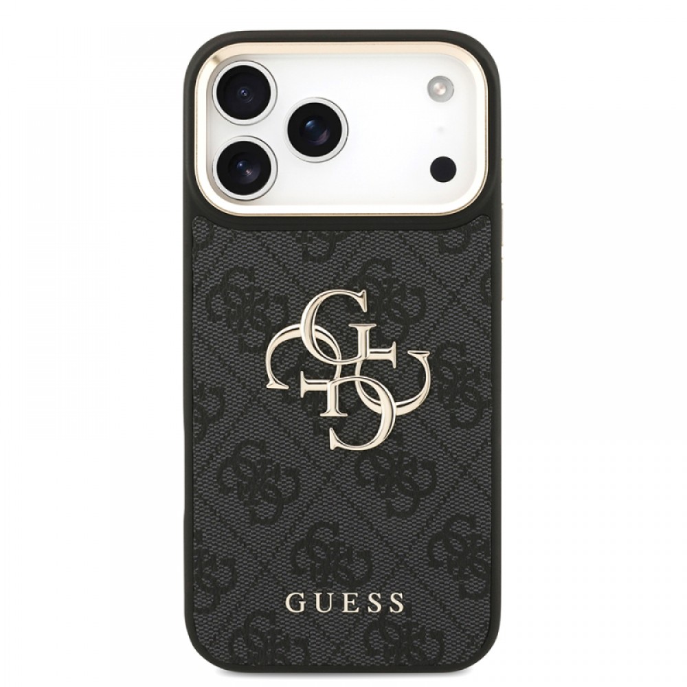 iPhone 17 Pro Max Guess orijinal lisanslı 4G desenli büyük metal logolu kalın askılı telefon kılıfı