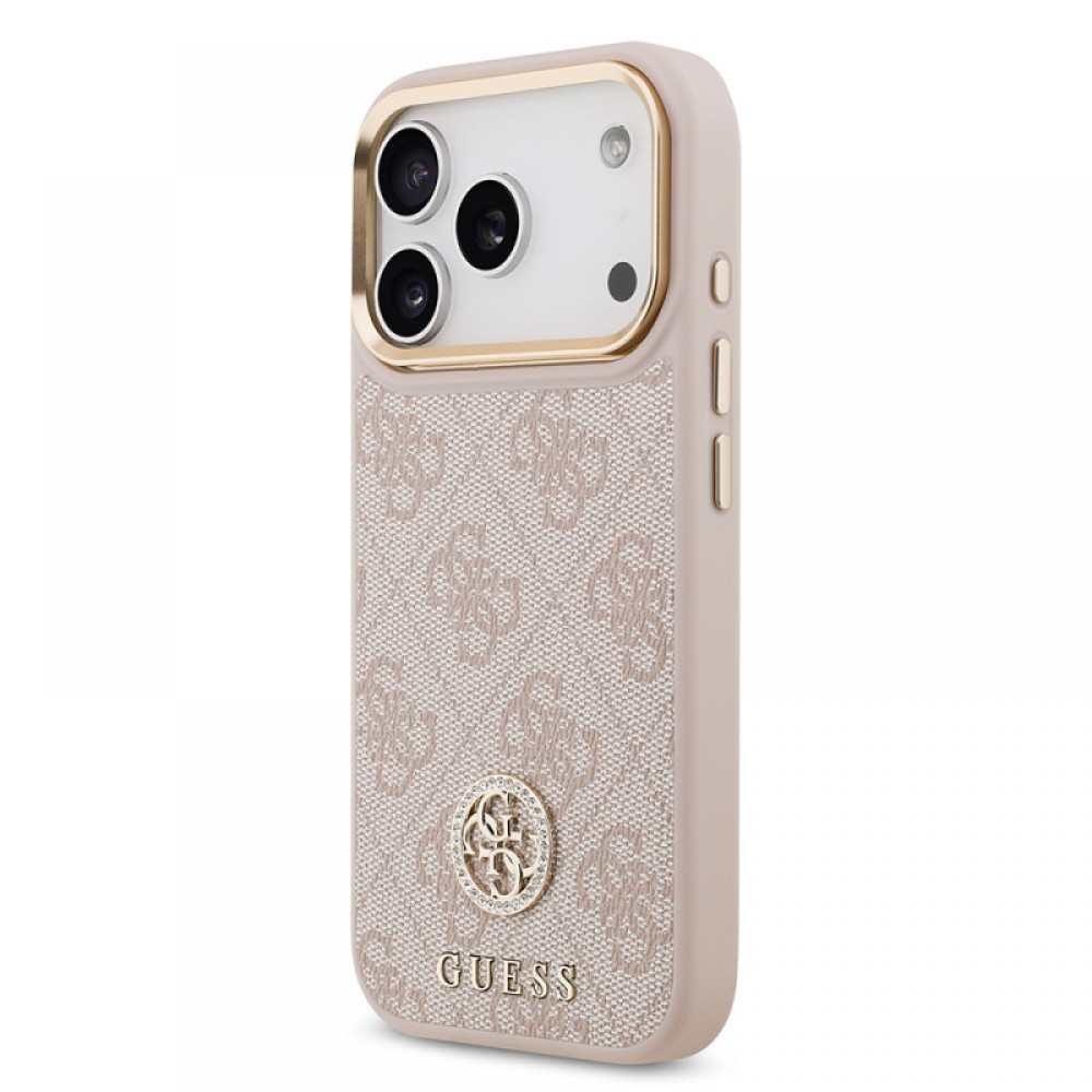 iPhone 17 Pro Guess orijinal lisanslı MagSafe uyumlu gold metal kamera çerçeveli taşlı 4G logolu lüks telefon kılıfı