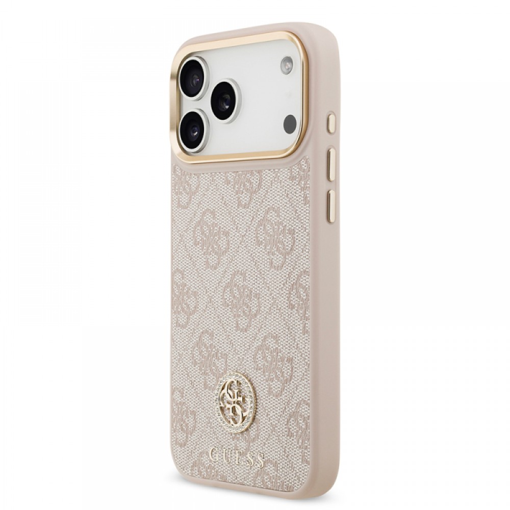 iPhone 17 Pro Max Guess orijinal lisanslı MagSafe uyumlu gold metal kamera çerçeveli taşlı 4G logolu lüks telefon kılıfı