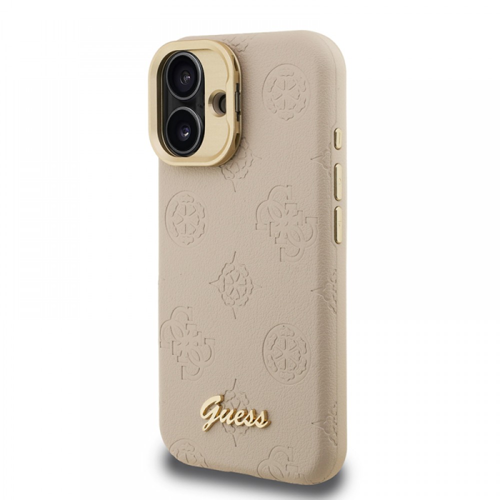 iPhone 16 Guess orijinal lisanslı MagSafe uyumlu PU deri sıcak baskılı yazı logolu Peony desenli kamera standlı lüks telefon kılıfı
