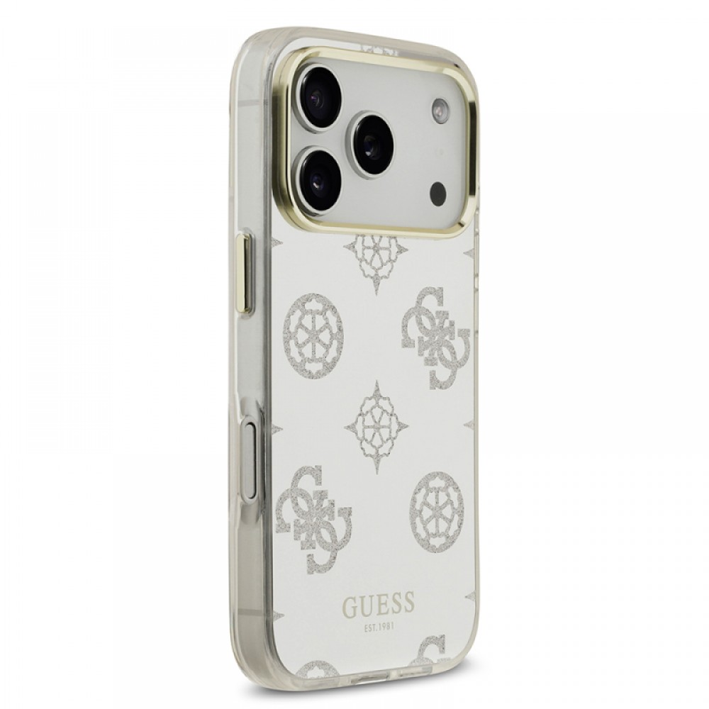 iPhone 17 Pro Guess orijinal lisanslı simli glitter aynalı yüzeyli metal kamera çerçeveli telefon kılıfı