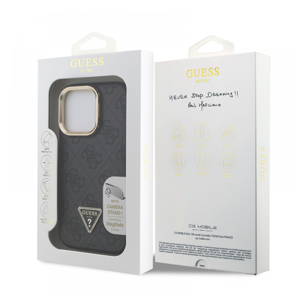 iPhone 16 Pro Guess orijinal lisanslı PU deri taşlı üçgen logolu 4G desenli kamera standlı lüks telefon kılıfı