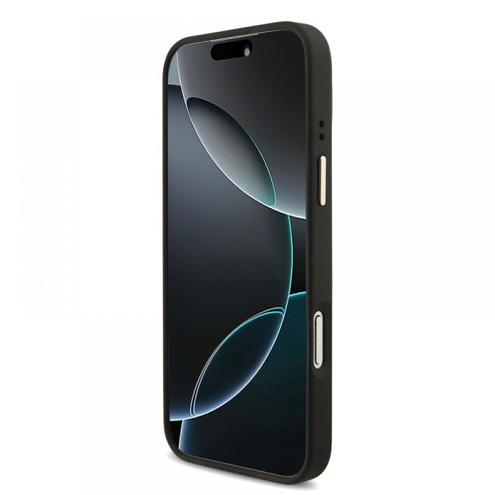 iPhone 17 Pro Max Guess orijinal lisanslı 4G desenli büyük metal logolu kalın askılı telefon kılıfı