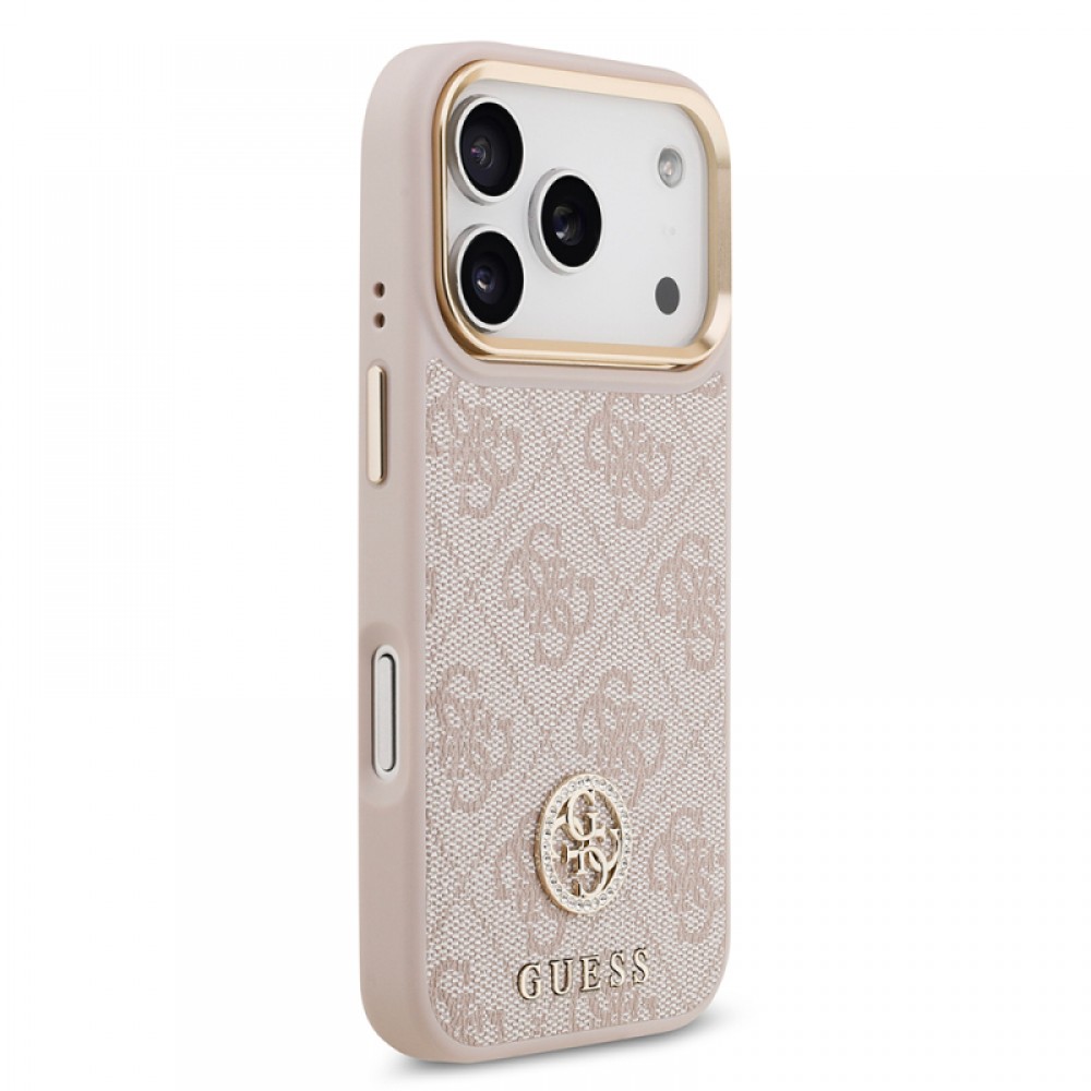 iPhone 17 Pro Guess orijinal lisanslı MagSafe uyumlu gold metal kamera çerçeveli taşlı 4G logolu lüks telefon kılıfı