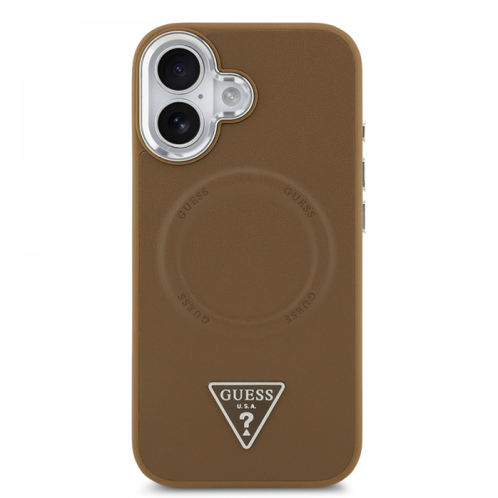 iPhone 17 Guess orijinal lisanslı MagSafe uyumlu PU deri metal kamera çerçeveli üçgen logolu telefon kılıfı