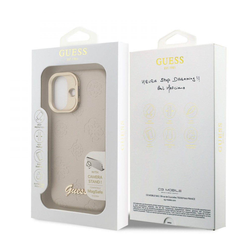 iPhone 16 Guess orijinal lisanslı MagSafe uyumlu PU deri sıcak baskılı yazı logolu Peony desenli kamera standlı lüks telefon kılıfı