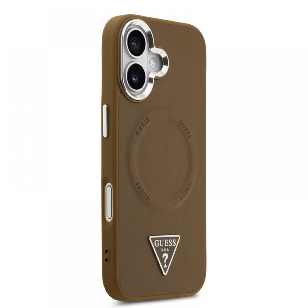 iPhone 17 Guess orijinal lisanslı MagSafe uyumlu PU deri metal kamera çerçeveli üçgen logolu telefon kılıfı