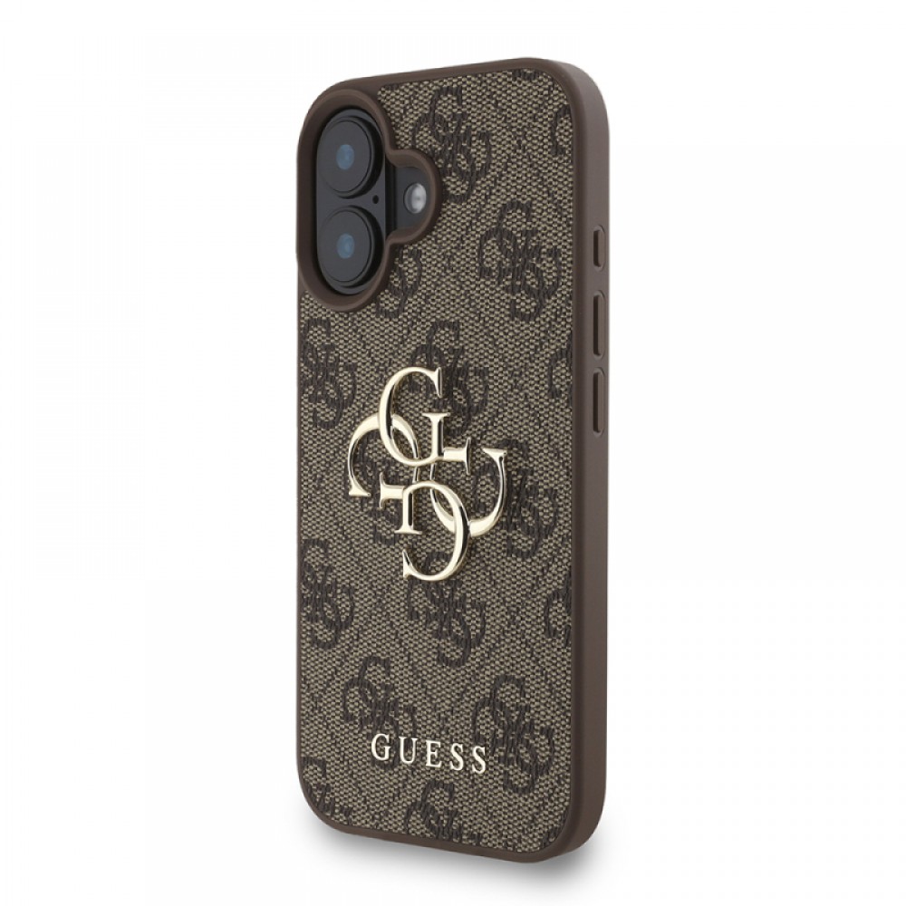 iPhone 16 Plus Guess orijinal lisanslı PU deri bilek askı ipli metal büyük 4G ve yazı logolu lüks telefon kılıfı