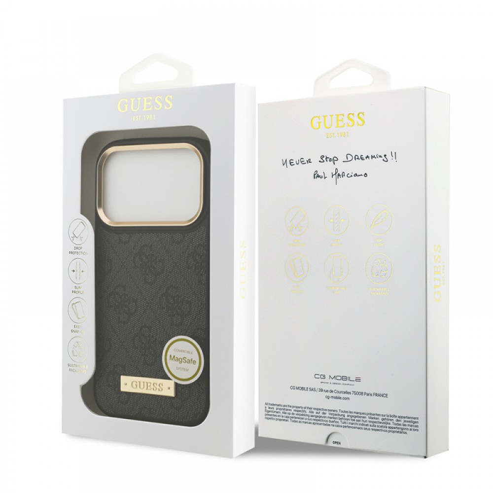 iPhone 17 Pro Guess orijinal lisanslı MagSafe uyumlu 4G desenli PU deri metal plaka klasik logolu telefon kılıfı