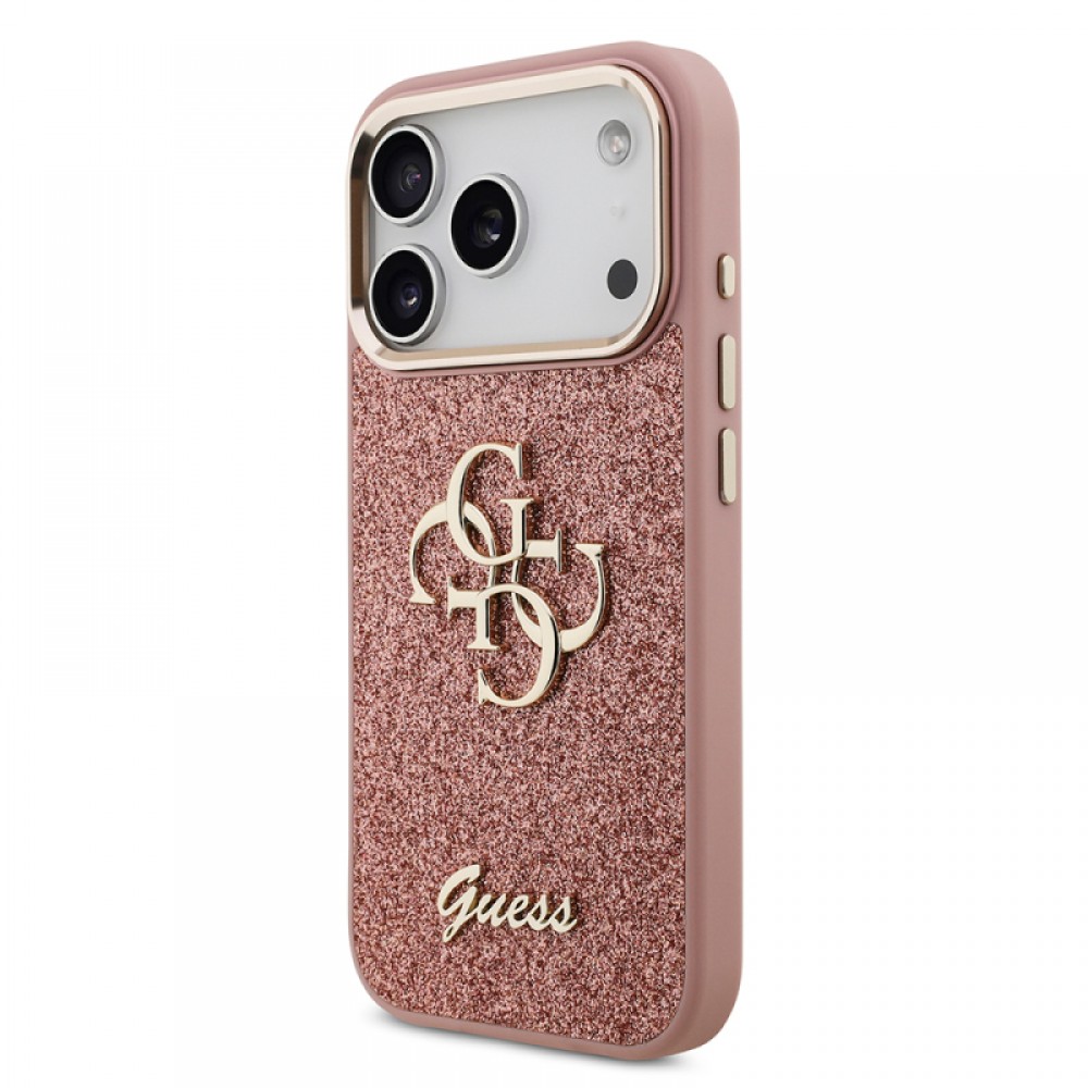 iPhone 17 Pro Guess orijinal lisanslı 4G desenli büyük metal kamera çerçeveli ve logolu simli glitter telefon kılıfı