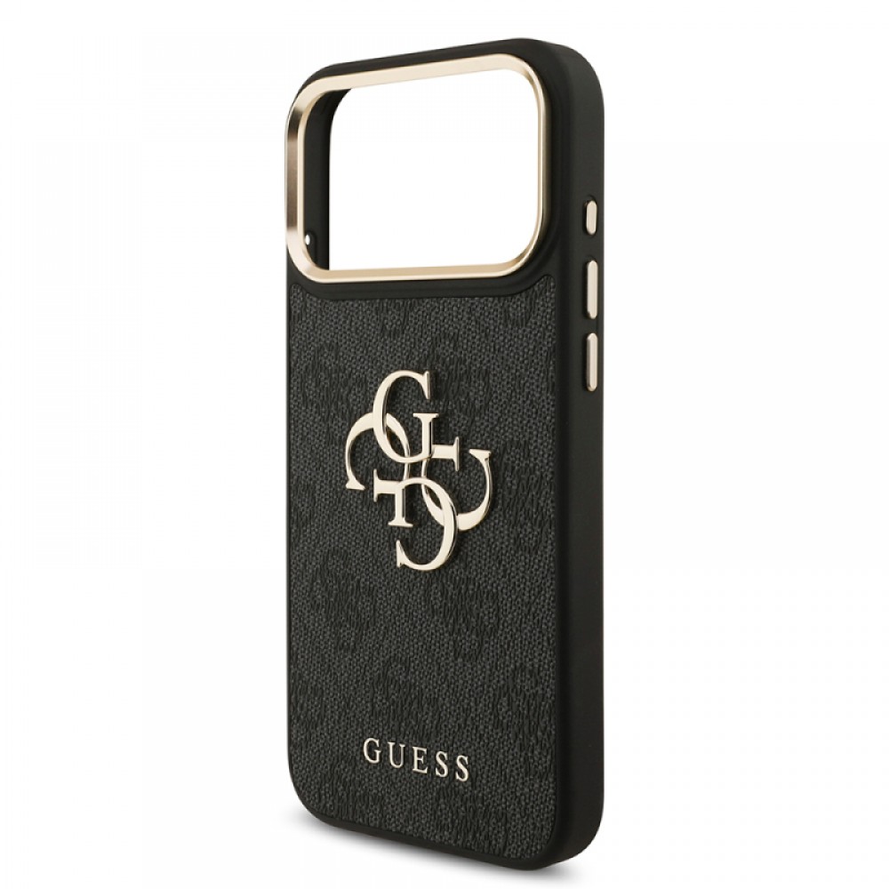 iPhone 17 Pro Max Guess orijinal lisanslı 4G desenli büyük metal logolu kalın askılı telefon kılıfı