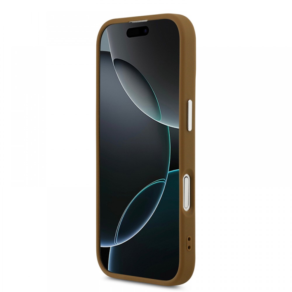 iPhone 17 Guess orijinal lisanslı MagSafe uyumlu PU deri metal kamera çerçeveli üçgen logolu telefon kılıfı