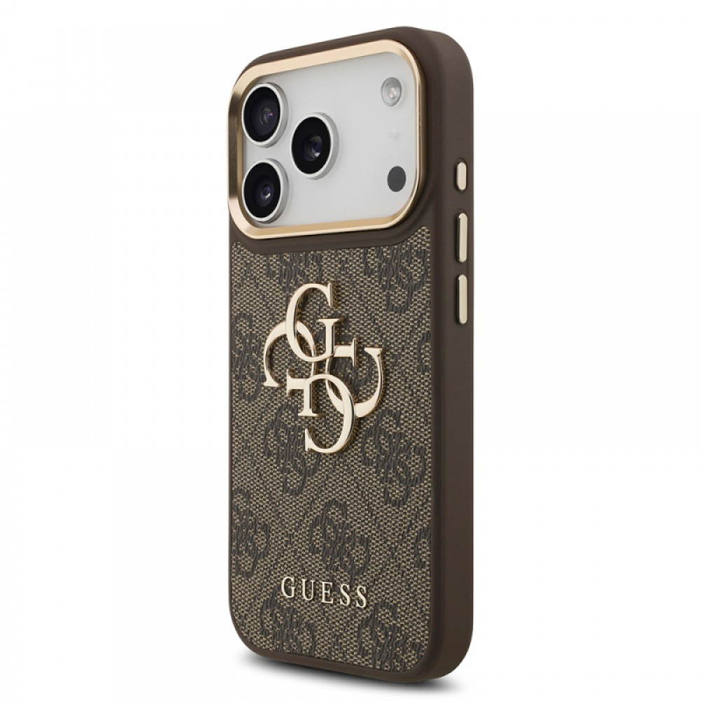 iPhone 17 Pro Guess orijinal lisanslı 4G desenli büyük metal logolu kalın askılı telefon kılıfı
