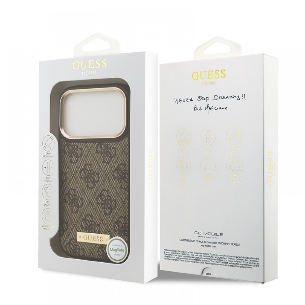 iPhone 17 Pro Guess orijinal lisanslı MagSafe uyumlu 4G desenli PU deri metal plaka klasik logolu telefon kılıfı