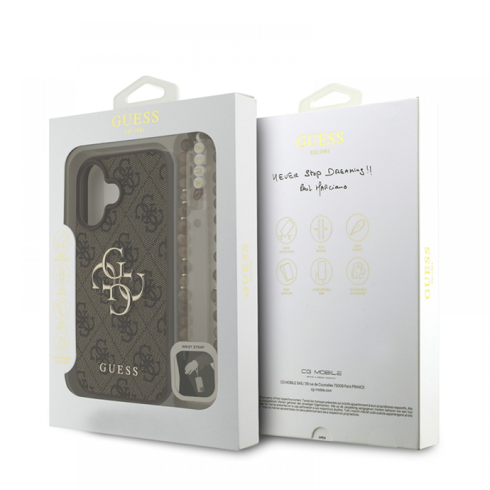iPhone 16 Plus Guess orijinal lisanslı PU deri bilek askı ipli metal büyük 4G ve yazı logolu lüks telefon kılıfı