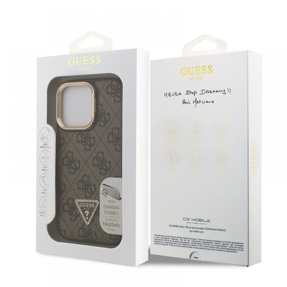 iPhone 16 Pro Guess orijinal lisanslı PU deri taşlı üçgen logolu 4G desenli kamera standlı lüks telefon kılıfı