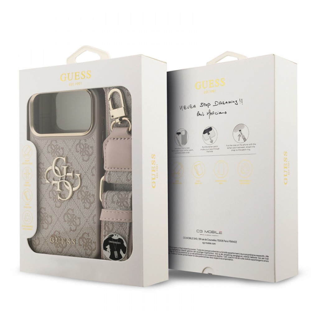 iPhone 17 Pro Max Guess orijinal lisanslı 4G desenli büyük metal logolu kalın askılı telefon kılıfı