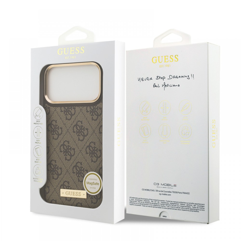 iPhone 17 Pro Max Guess orijinal lisanslı MagSafe uyumlu 4G desenli PU deri metal plaka klasik logolu telefon kılıfı