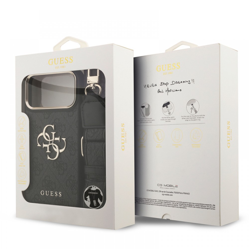 iPhone 17 Pro Max Guess orijinal lisanslı 4G desenli büyük metal logolu kalın askılı telefon kılıfı