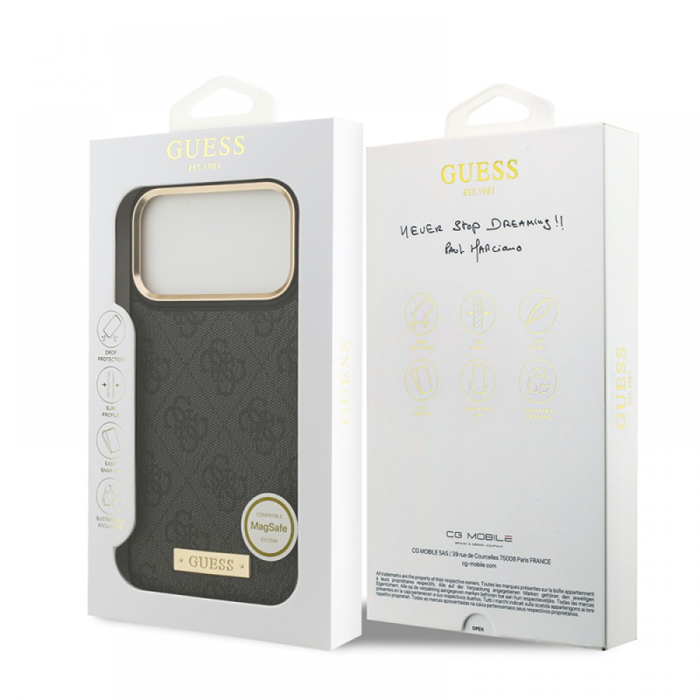 iPhone 17 Pro Max Guess orijinal lisanslı MagSafe uyumlu 4G desenli PU deri metal plaka klasik logolu telefon kılıfı