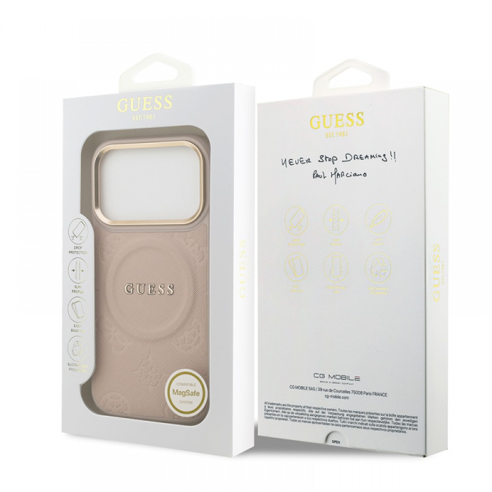 iPhone 17 Pro Guess orijinal lisanslı MagSafe uyumlu sıcak baskılı yazı logolu PU deri Peony çiçek desenli telefon kılıfı