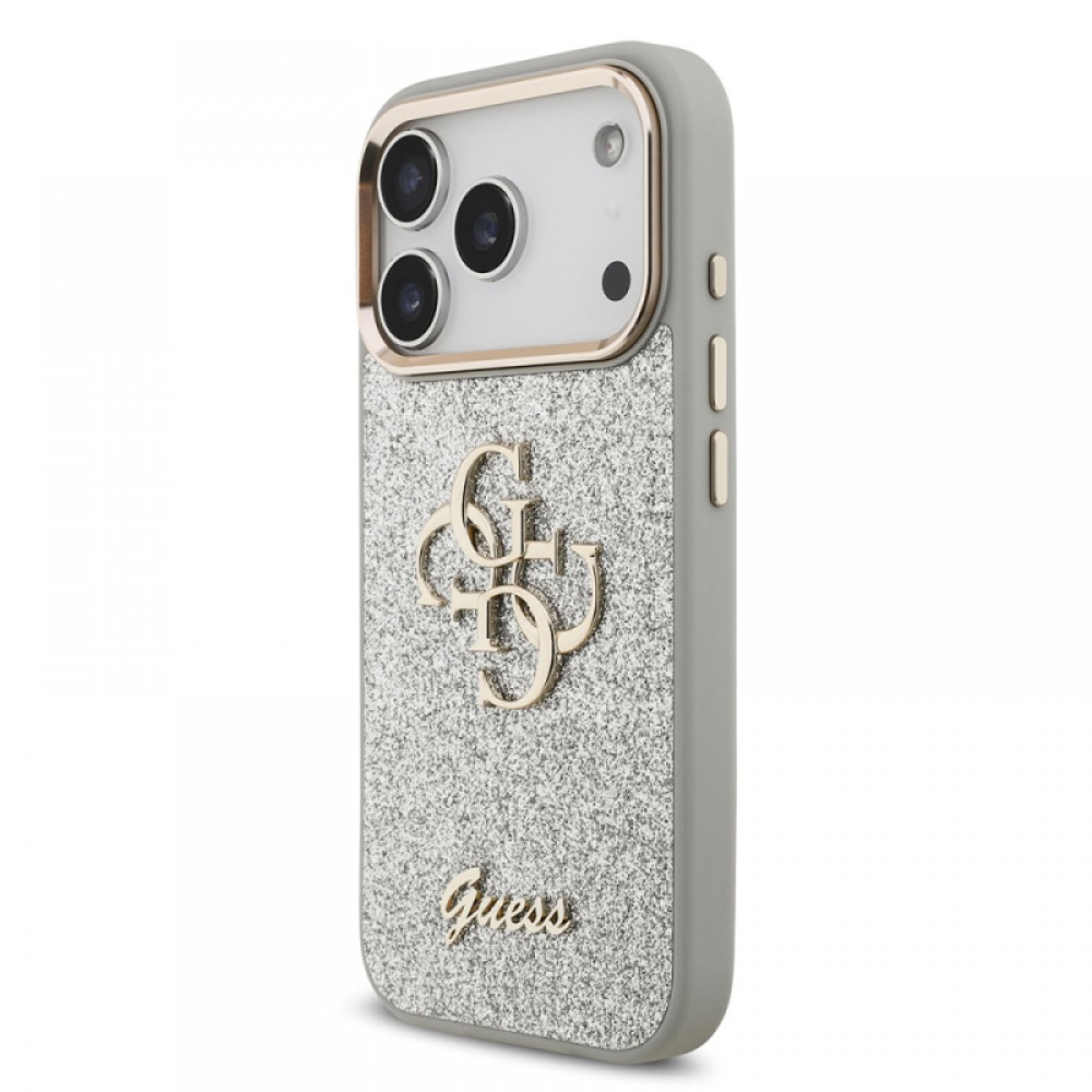 iPhone 17 Pro Guess orijinal lisanslı 4G desenli büyük metal kamera çerçeveli ve logolu simli glitter telefon kılıfı