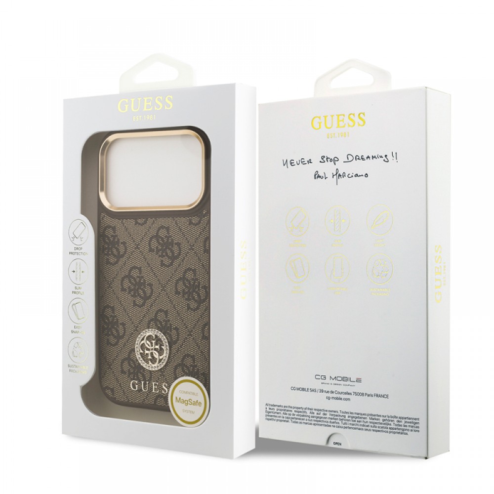 iPhone 17 Pro Guess orijinal lisanslı MagSafe uyumlu gold metal kamera çerçeveli taşlı 4G logolu lüks telefon kılıfı