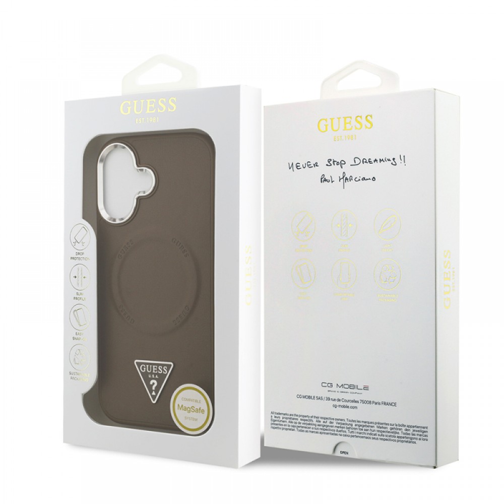 iPhone 17 Guess orijinal lisanslı MagSafe uyumlu PU deri metal kamera çerçeveli üçgen logolu telefon kılıfı