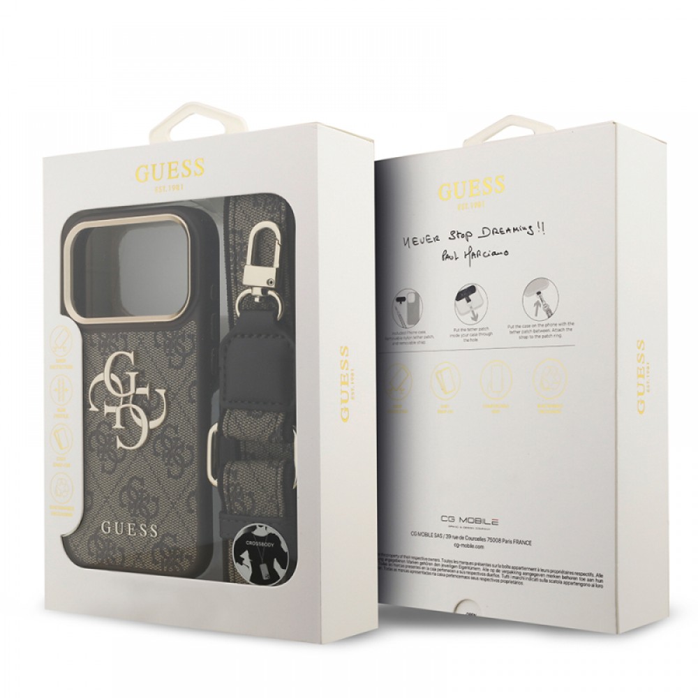 iPhone 17 Pro Guess orijinal lisanslı 4G desenli büyük metal logolu kalın askılı telefon kılıfı