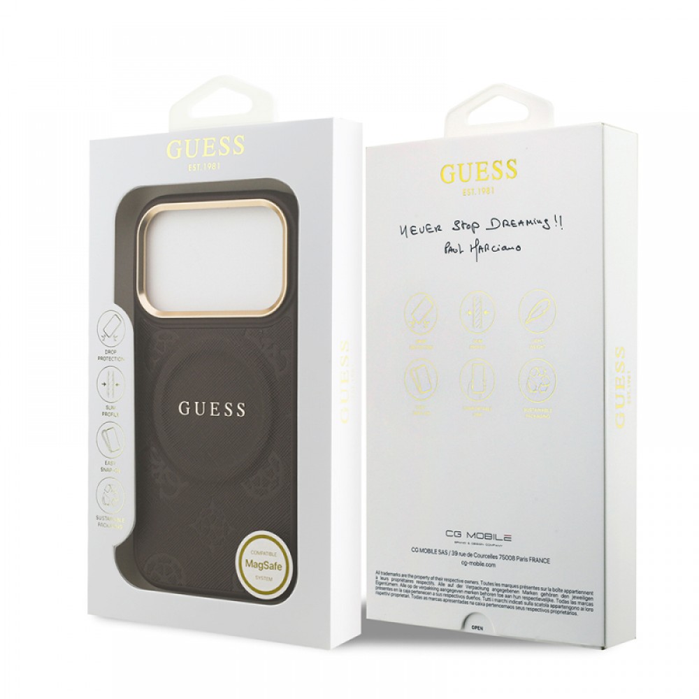 iPhone 17 Pro Guess orijinal lisanslı MagSafe uyumlu sıcak baskılı yazı logolu PU deri Peony çiçek desenli telefon kılıfı