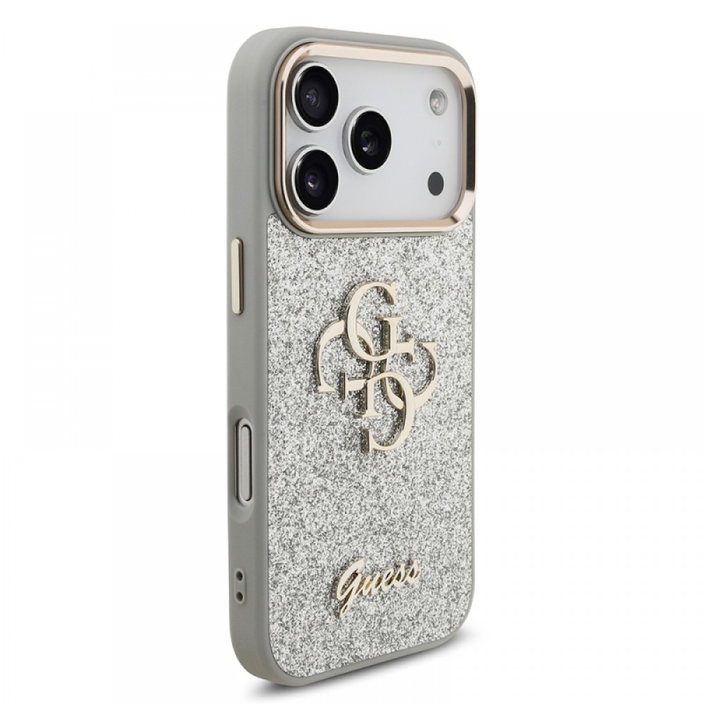 iPhone 17 Pro Guess orijinal lisanslı 4G desenli büyük metal kamera çerçeveli ve logolu simli glitter telefon kılıfı