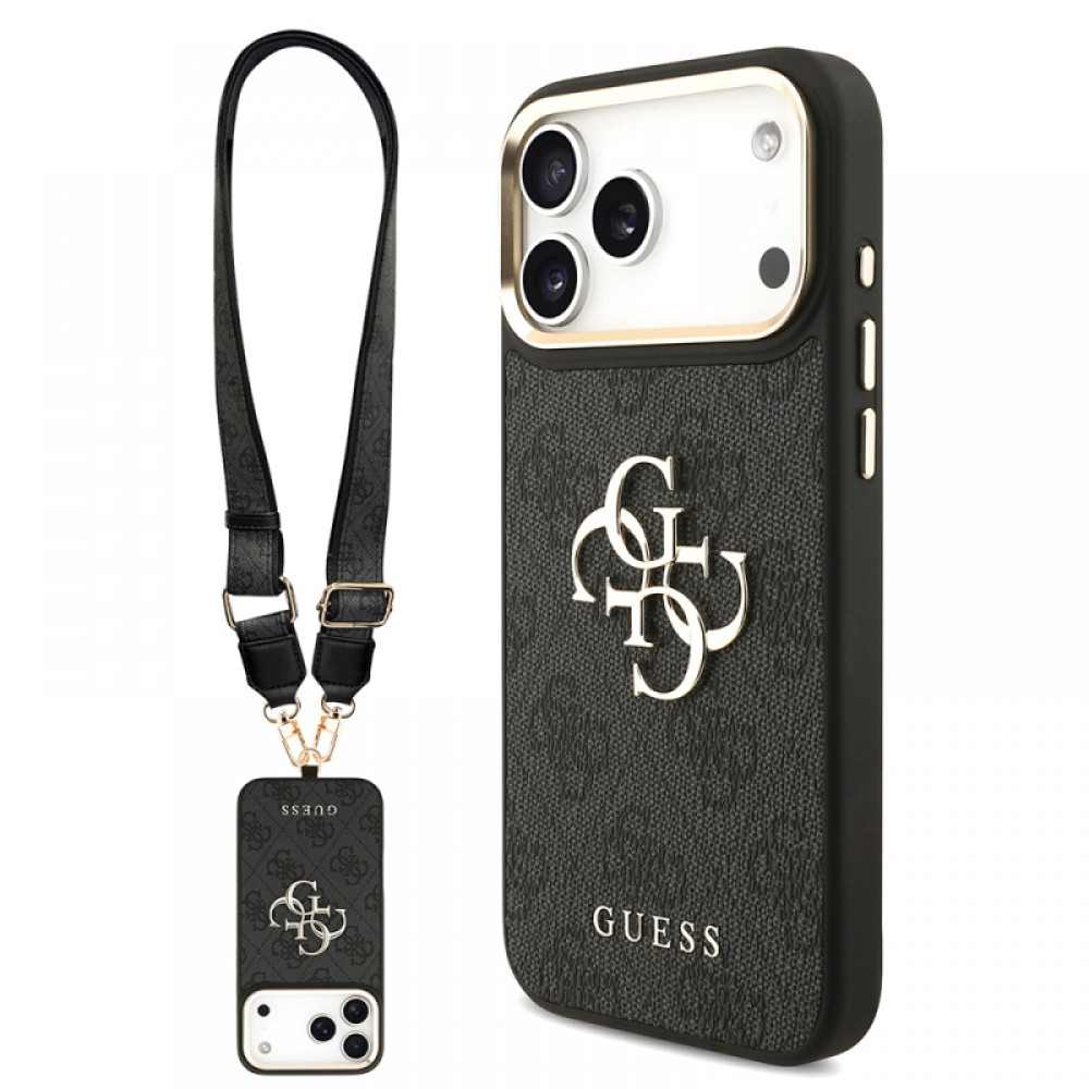 iPhone 17 Pro Max Guess orijinal lisanslı 4G desenli büyük metal logolu kalın askılı telefon kılıfı