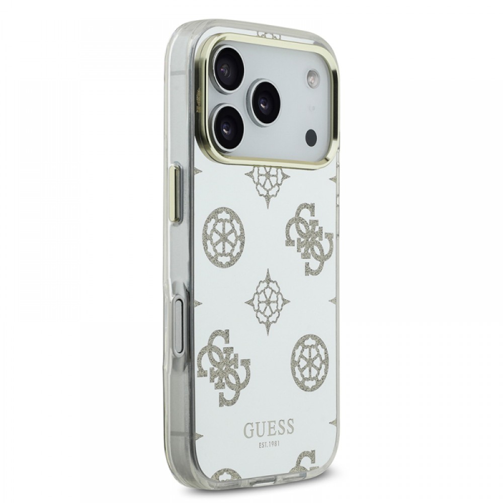 iPhone 17 Pro Guess orijinal lisanslı simli glitter aynalı yüzeyli metal kamera çerçeveli telefon kılıfı