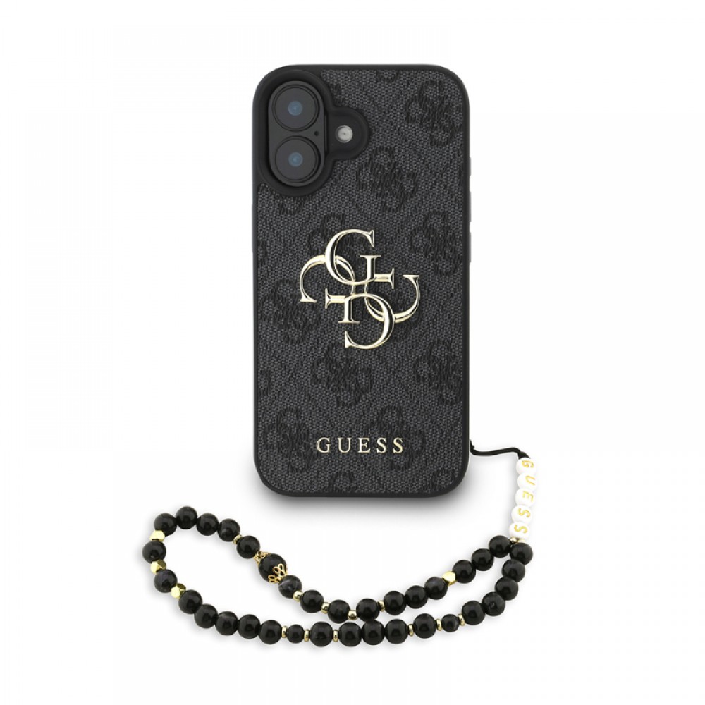 iPhone 16 Plus Guess orijinal lisanslı PU deri bilek askı ipli metal büyük 4G ve yazı logolu lüks telefon kılıfı