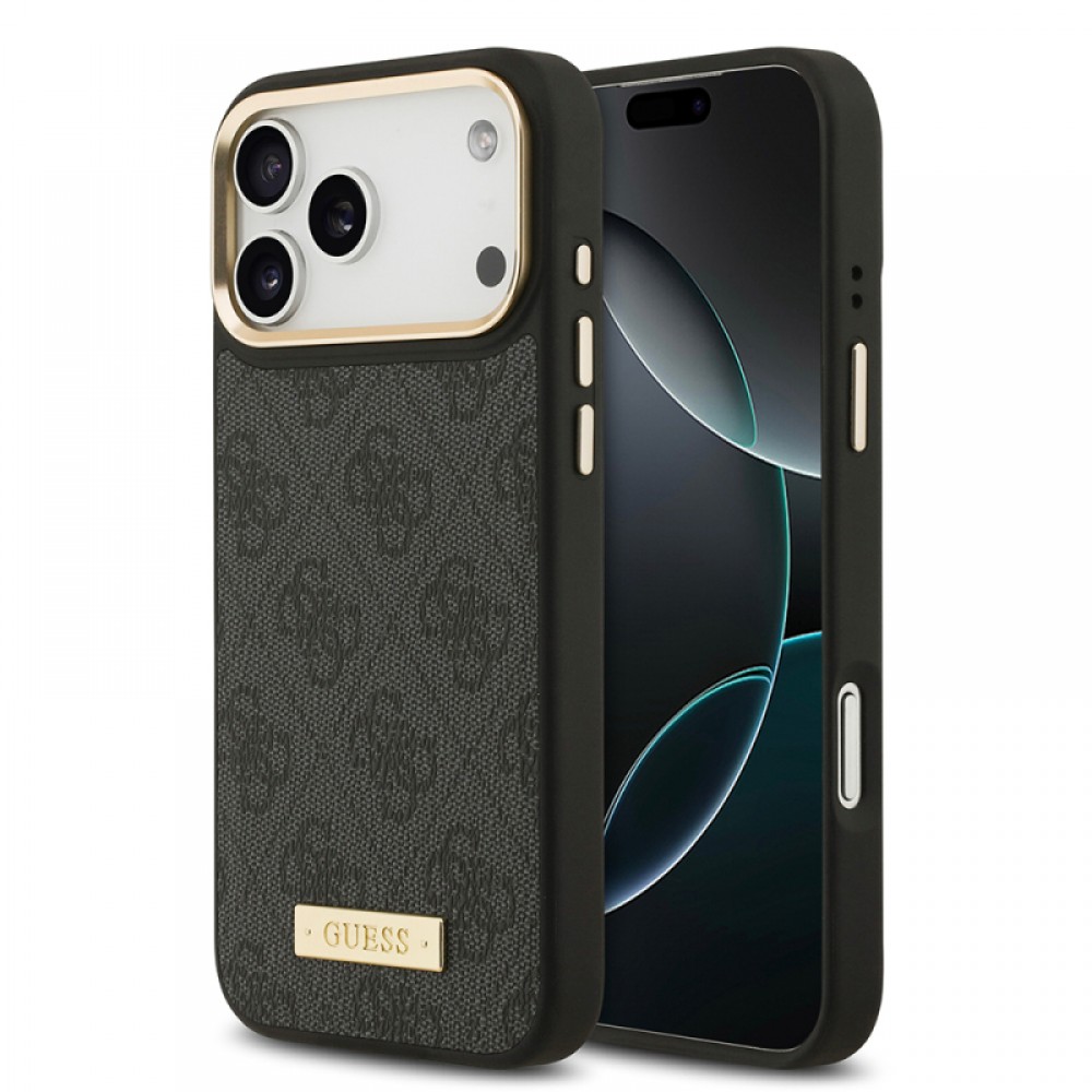 iPhone 17 Pro Max Guess orijinal lisanslı MagSafe uyumlu 4G desenli PU deri metal plaka klasik logolu telefon kılıfı