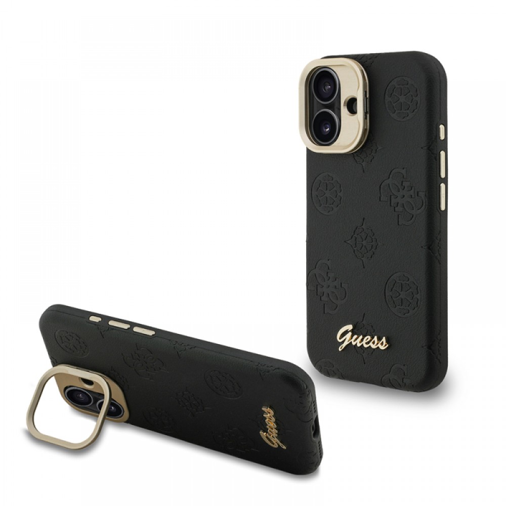 iPhone 16 Guess orijinal lisanslı MagSafe uyumlu PU deri sıcak baskılı yazı logolu Peony desenli kamera standlı lüks telefon kılıfı
