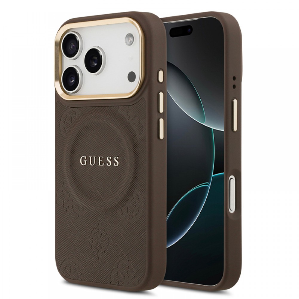iPhone 17 Pro Guess orijinal lisanslı MagSafe uyumlu sıcak baskılı yazı logolu PU deri Peony çiçek desenli telefon kılıfı
